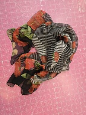 SILK Sheer Floral & Stripe Scarf - Black and Red